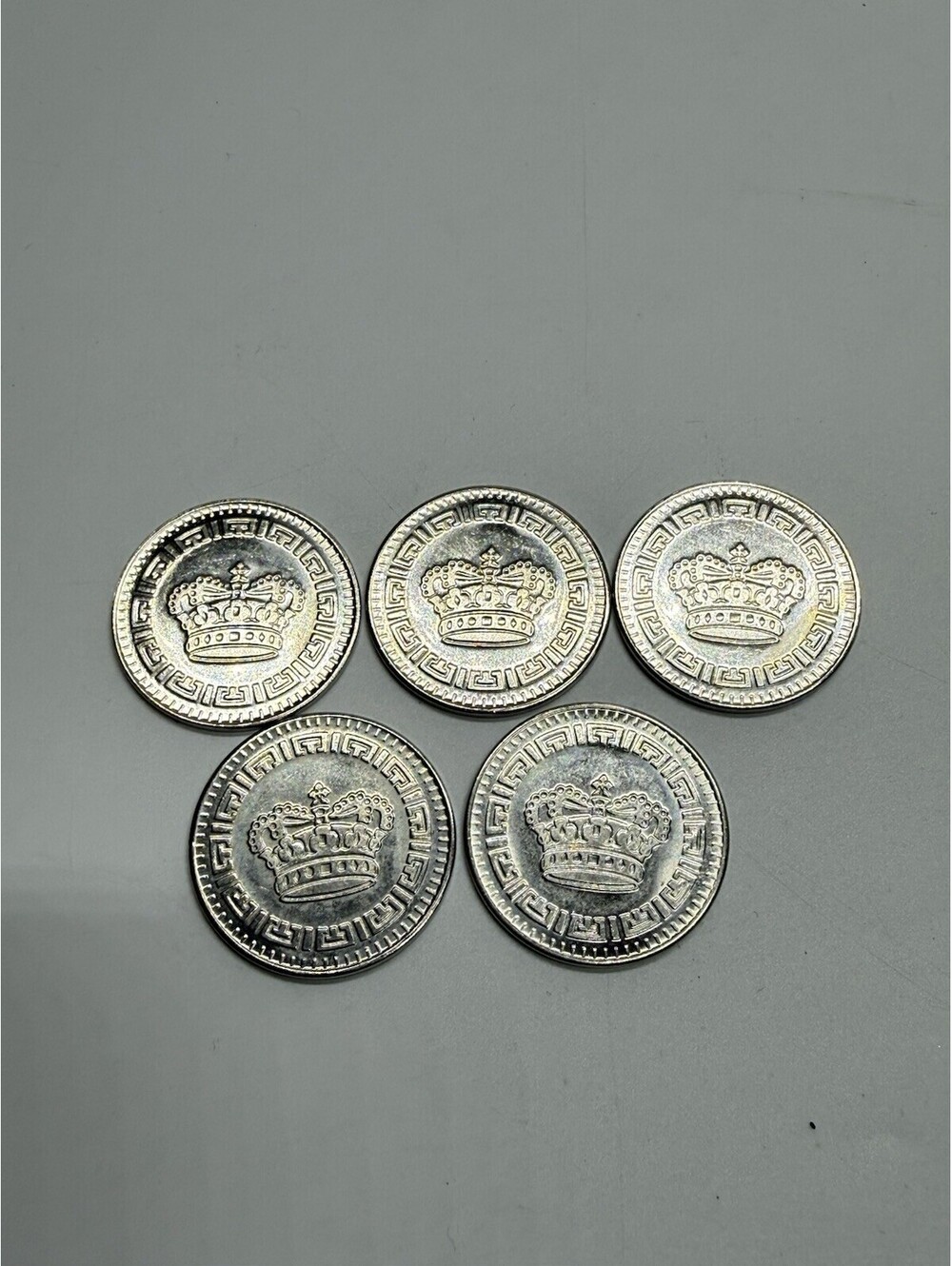 5 Vintage Van Brook Arcade Tokens Crown Coat of Arms Greek Key 27mm
